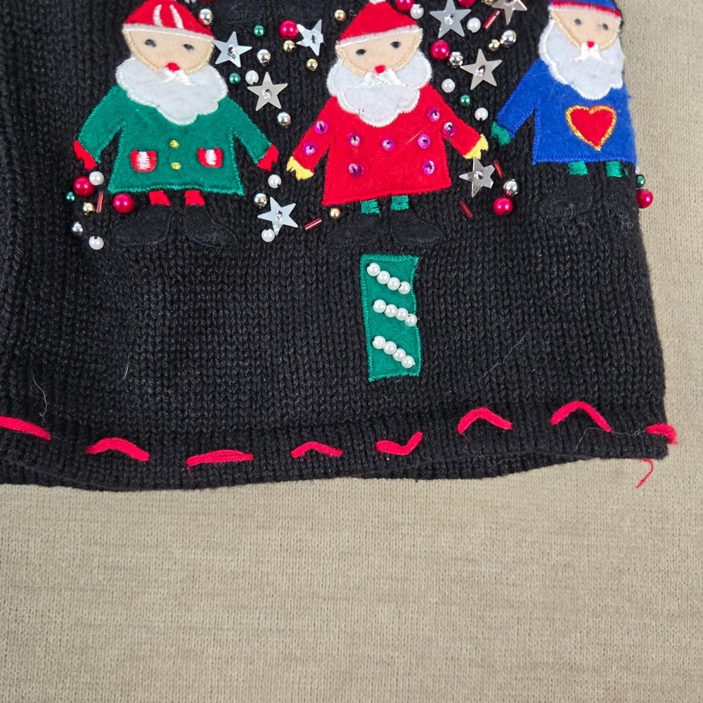 Bobbie Brooks Black Christmas Sweater Vest Santa Gnomes Beaded BB3H263 Womens S - Picture 11 of 11